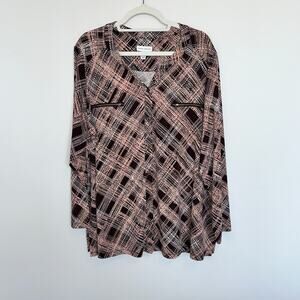 Susan Graver Button Up Top Plus Size 2X Liquid Knit Brown Geometric Stretch